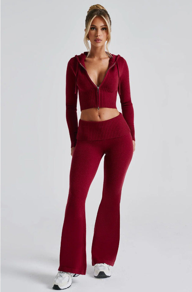Women's Solid Color Slim Fit Short Hood Top Casual Pants Suit